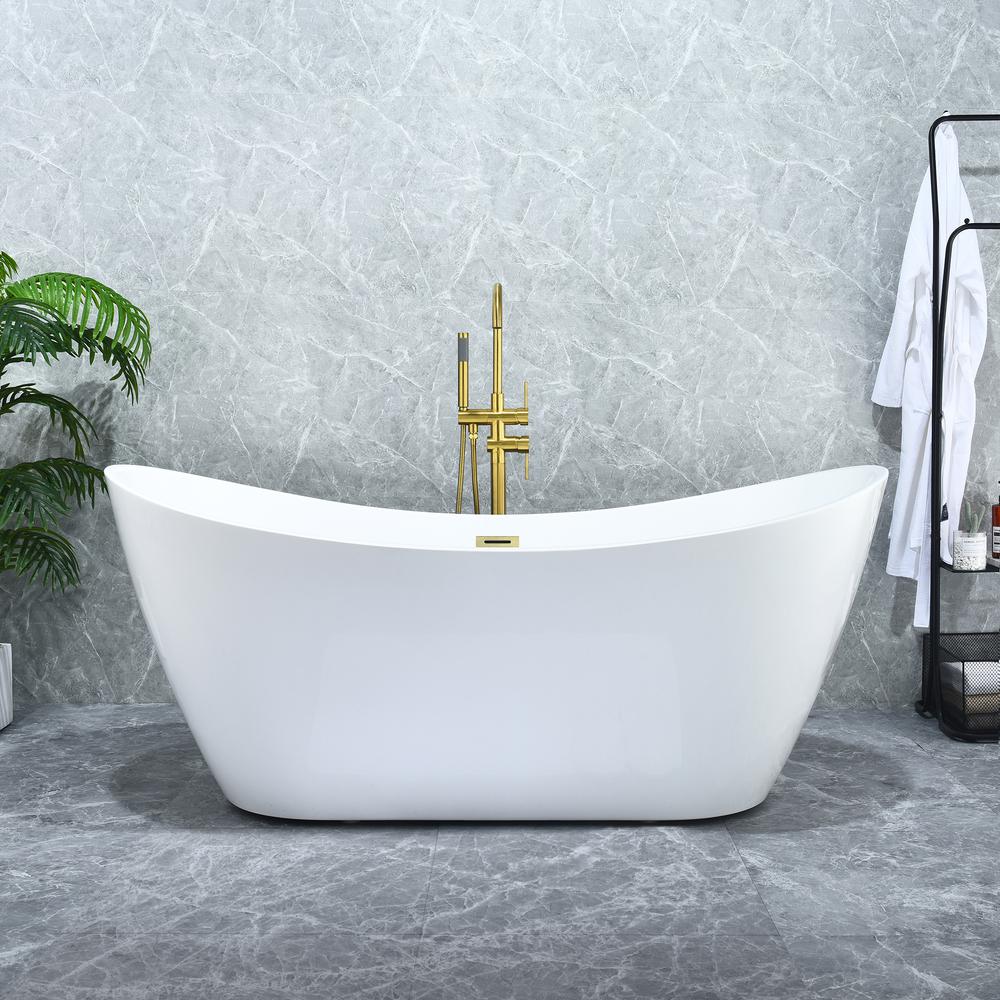 Vansza 67" x 32" Flatbottom Freestanding Acrylic Soaking Bathtub in Glossy White. Picture 7