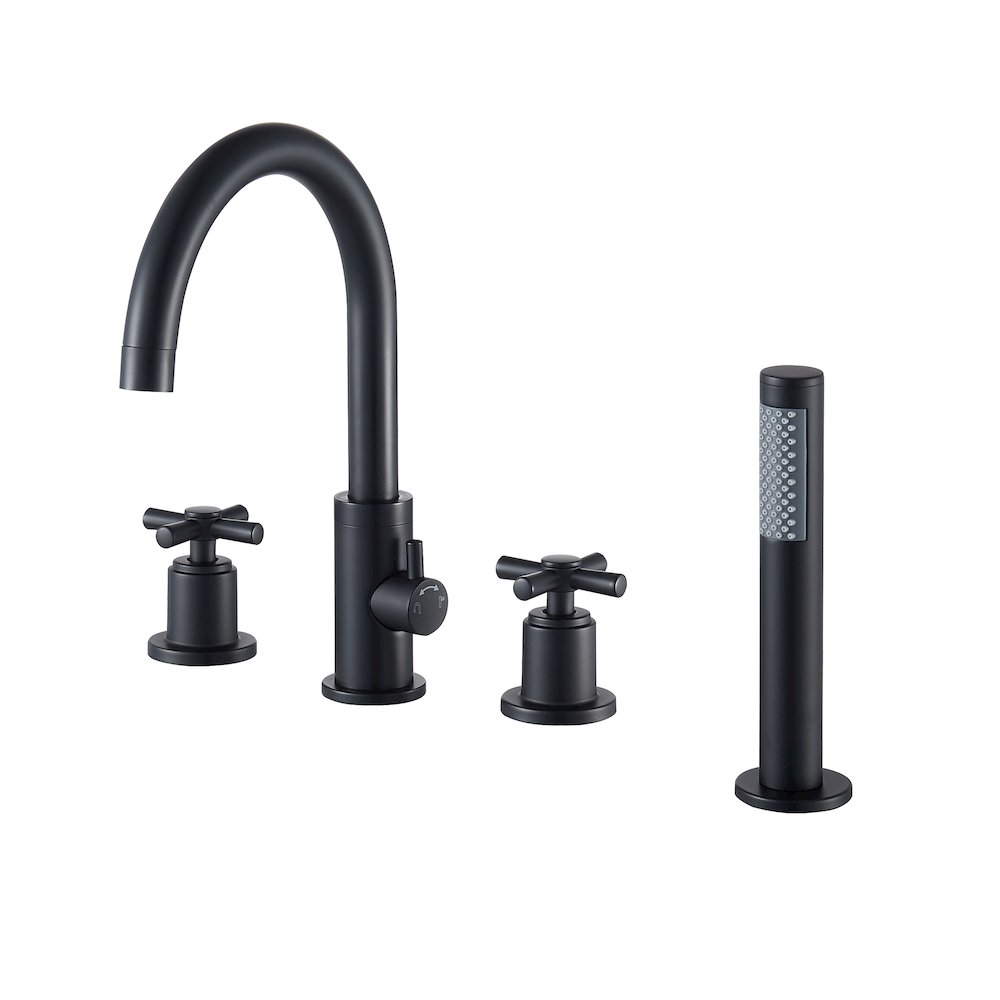 Cross Handles Deck-Mount Roman Tub Faucet in Matte Black with Handshower. Picture 1
