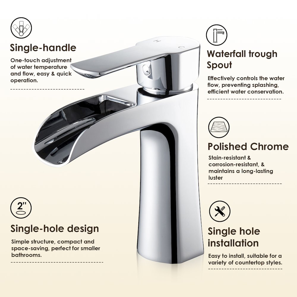 Single Hole Single-Handle Waterfall Bathroom Faucet in Polished Chrome. Picture 8