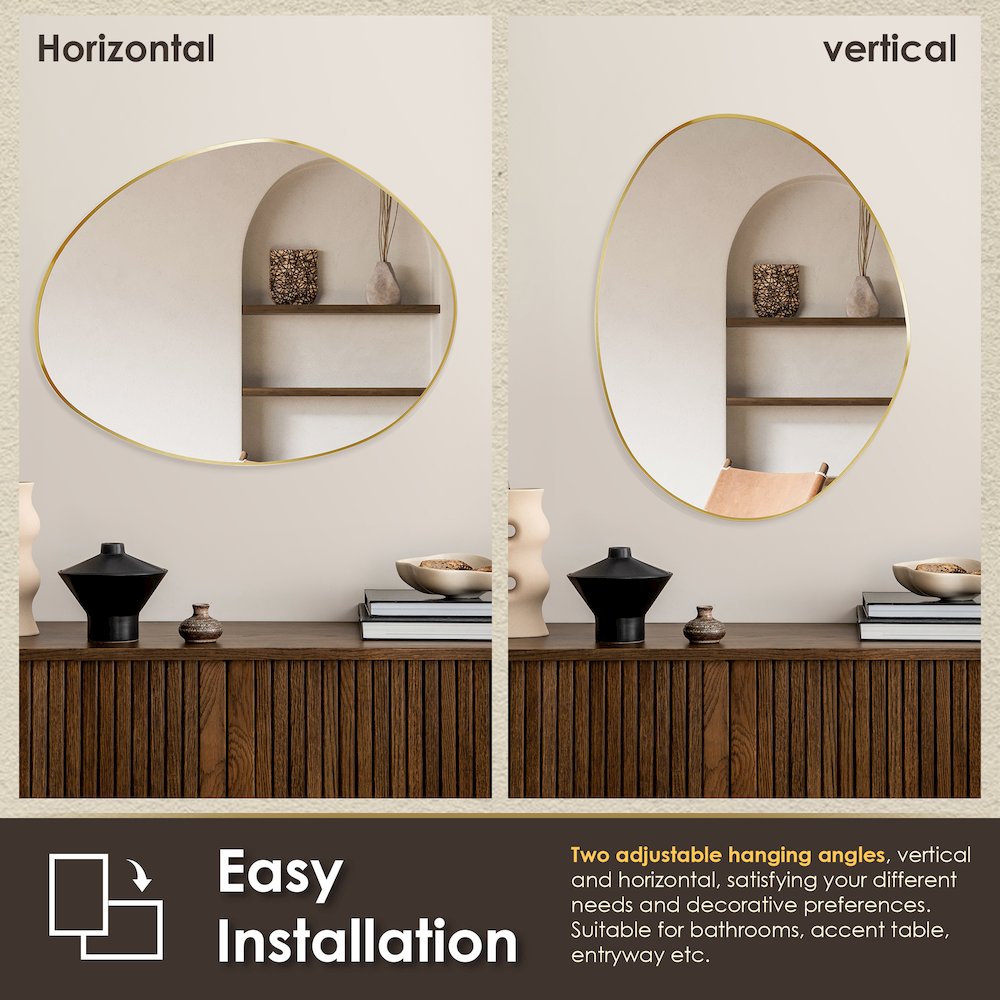 28"x36" Irregular Aluminum Framed in Brushed Gold Modern Bathroom Wall Mirror. Picture 13