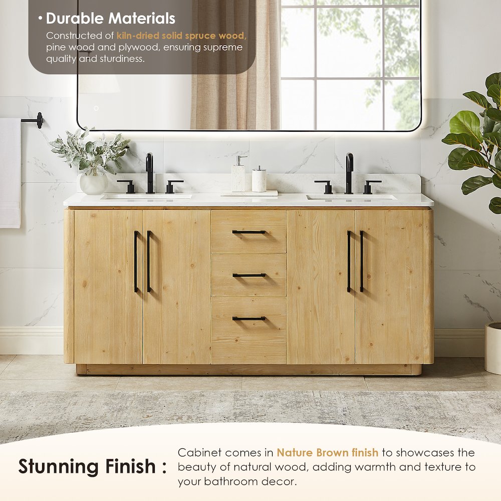 72" Double Bathroom Vanity in Nature Brown with Grain White. Picture 5