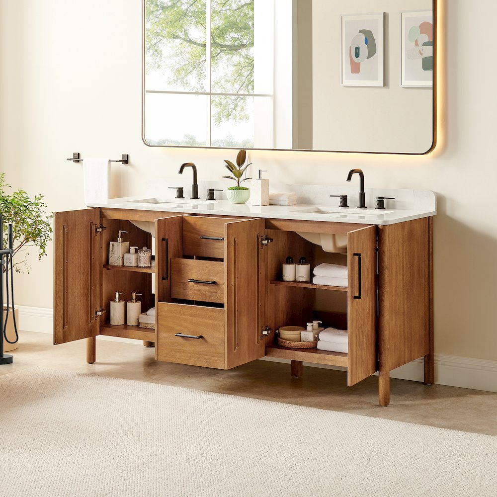 72" Double Bathroom Vanity in Mango Brown with Grain White. Picture 4