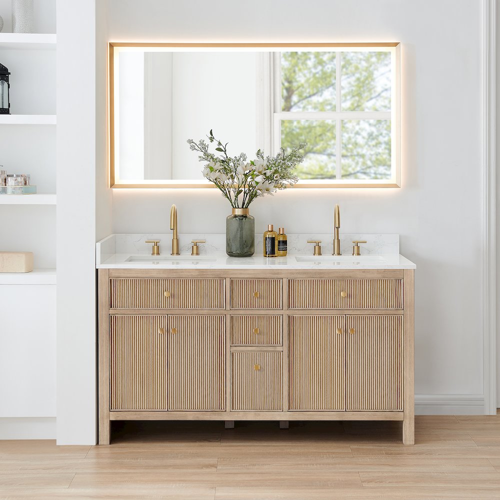 Double Bathroom Vanity in Nature Oak Grain White Engineered Stone Countertop. Picture 2