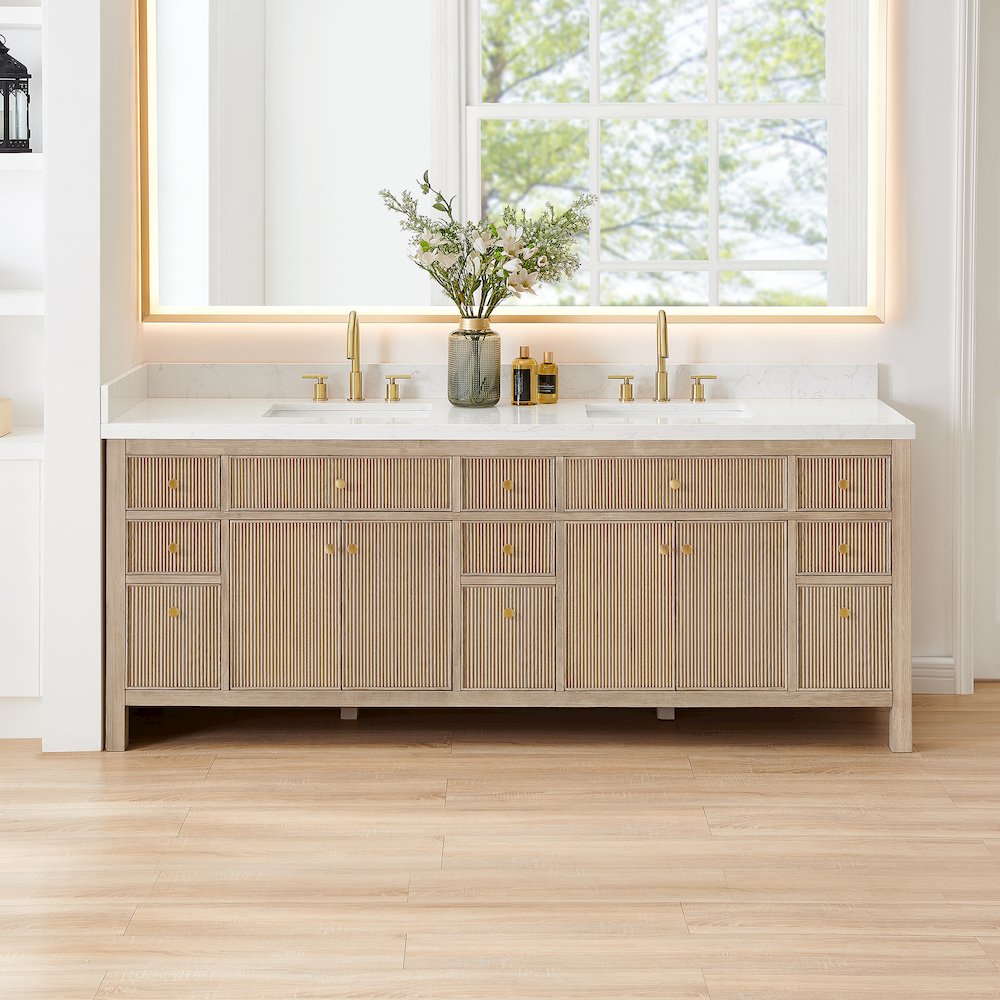 Double Bathroom Vanity in Nature Oak Grain White Engineered Stone Countertop. Picture 2
