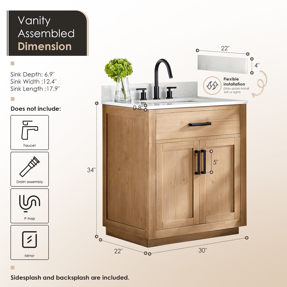 30" Single Bathroom Vanity in Light Brown with Grain White. Picture 9