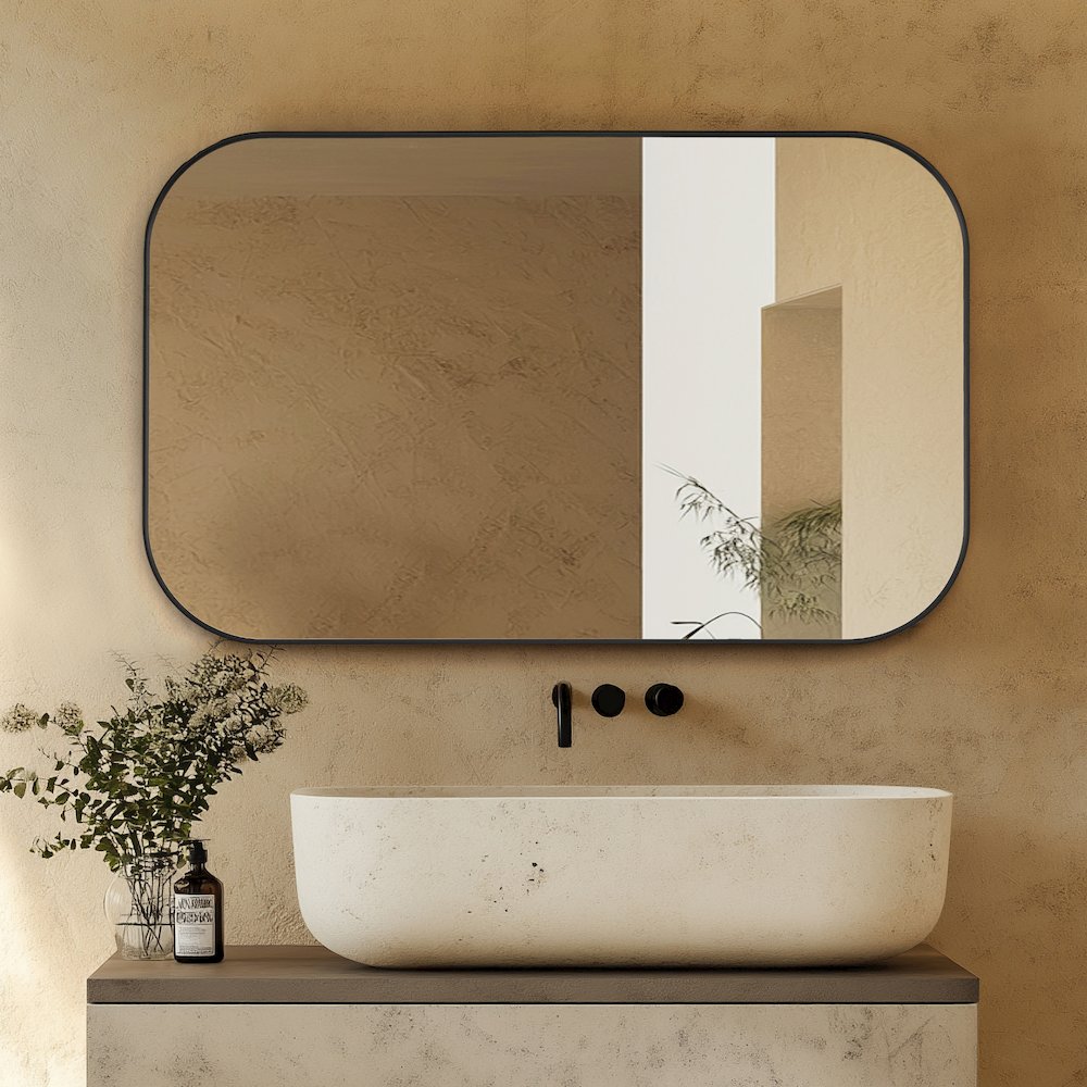 48x30" Rectangular Aluminum Framed in Matte Black Modern Bathroom Wall Mirror. Picture 4