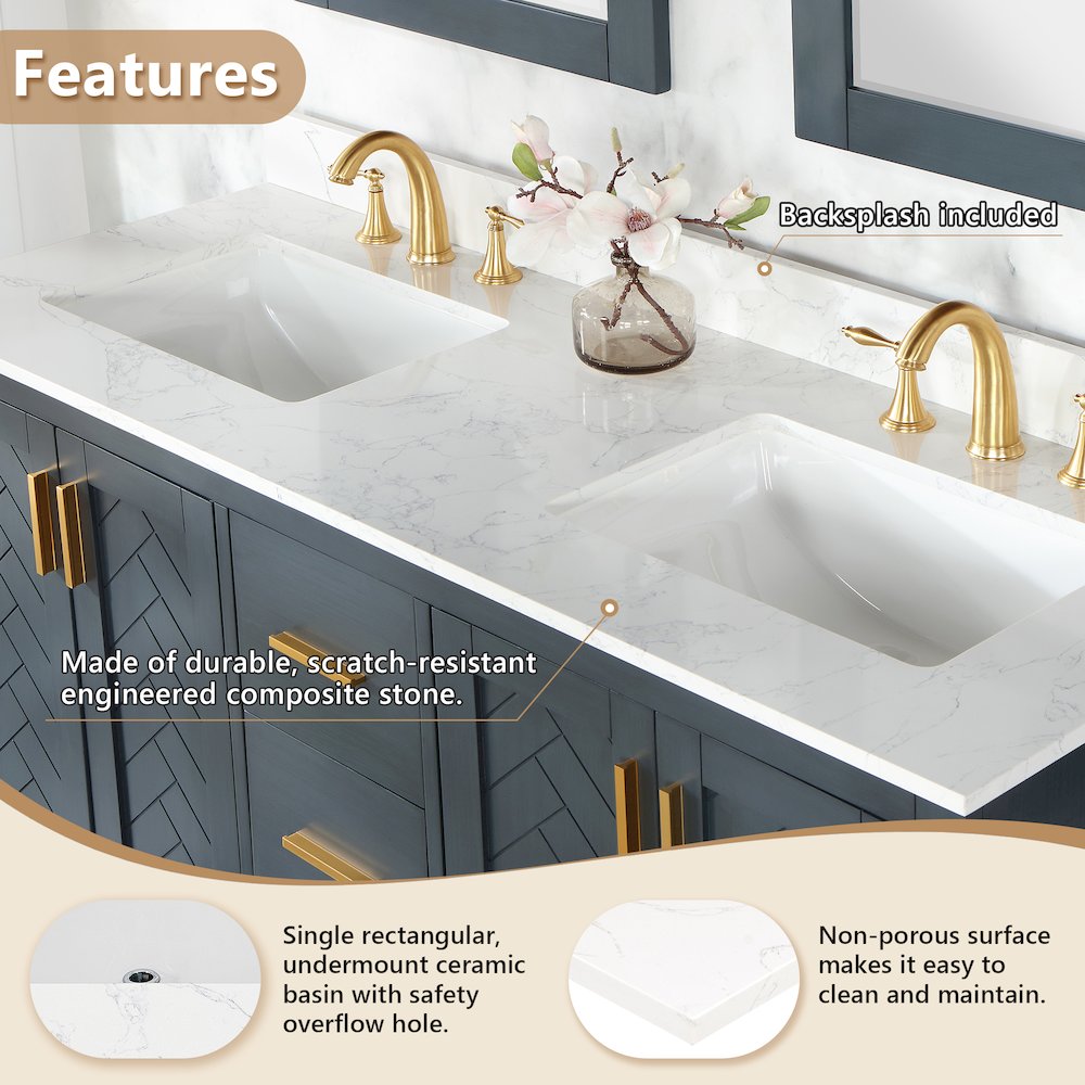 Ceres 61. in Engineered Stone Vanity Top in Grain White with Double White Sink. Picture 7