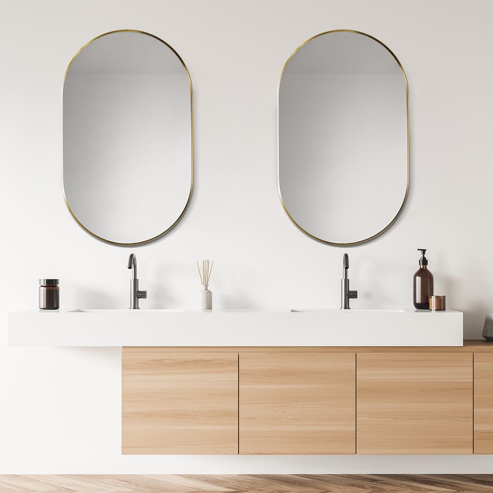 Ispra 36" Oval Bathroom/Vanity Brushed Gold Aluminum Framed Wall Mirror. Picture 12