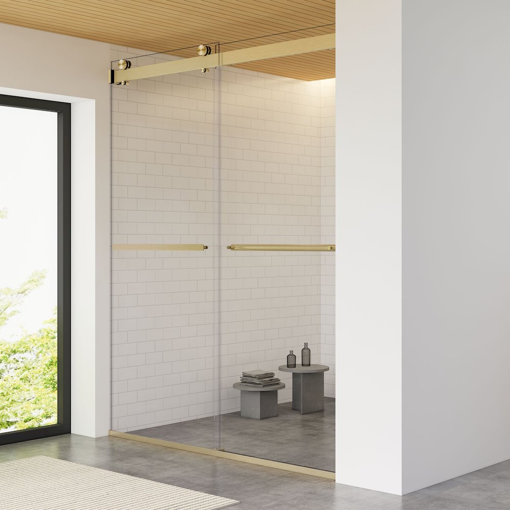 By Pass Frameless Shower Door in Brushed Gold with Clear Glass. Picture 5