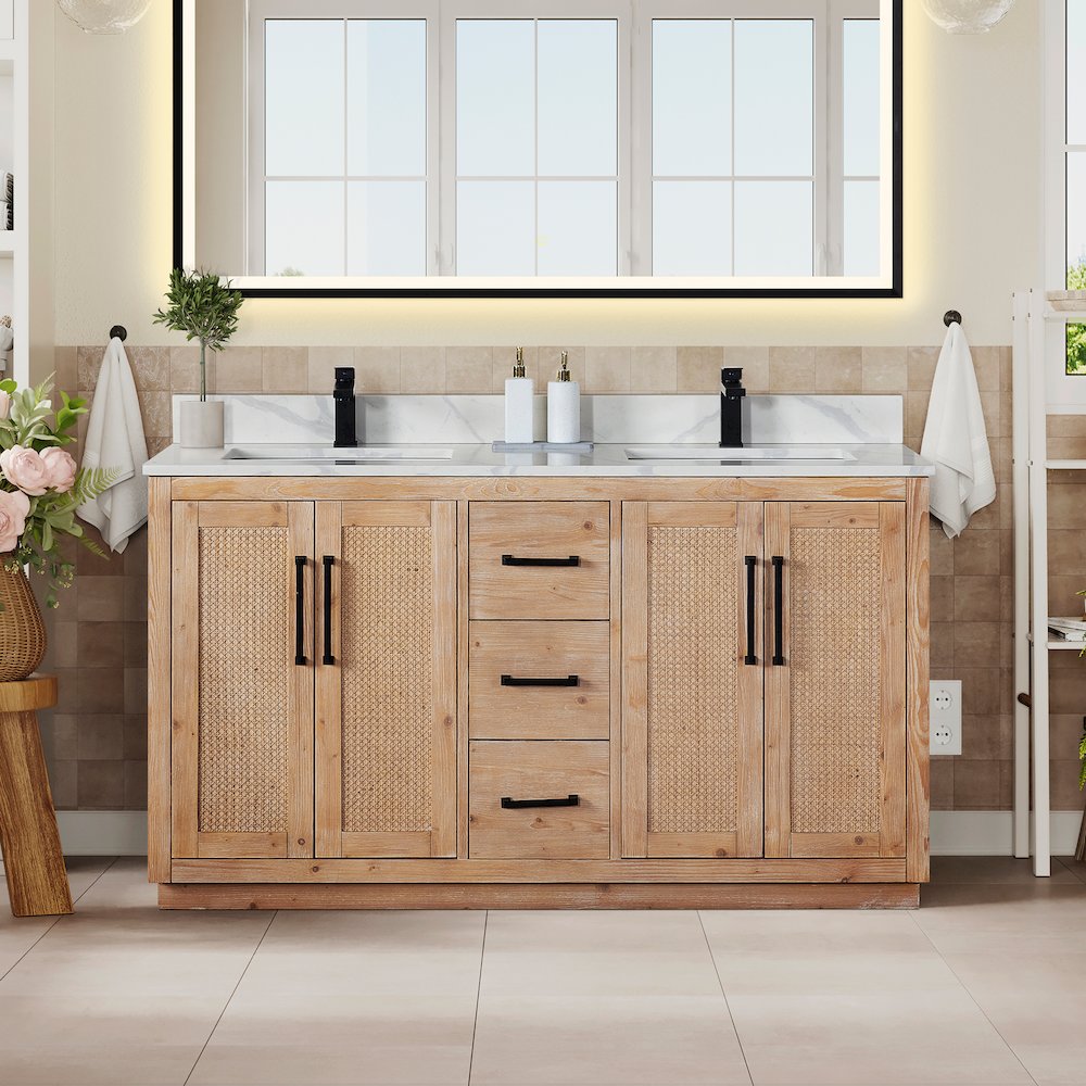 60" Double Bathroom Vanity with Calacatta White Quartz Countertop without Mirror. Picture 2