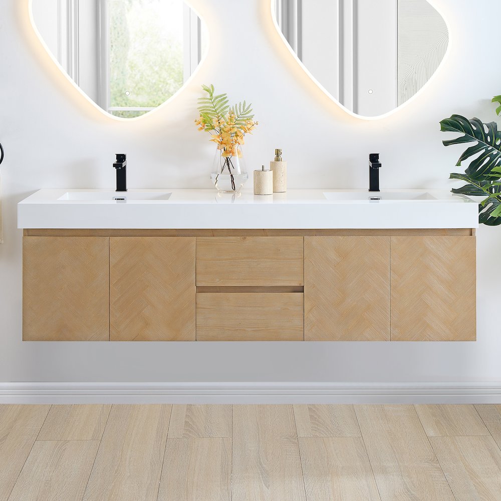 Double Bathroom Vanity in Light Brown White Artificial Drop-in Sink. Picture 2