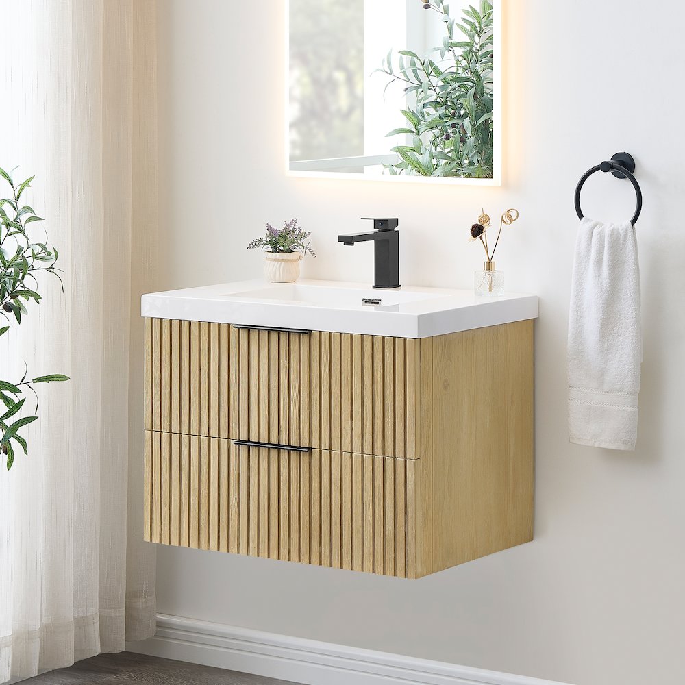 Single Bathroom Vanity in Nature Brown White Artificial Drop-in Sink. Picture 3