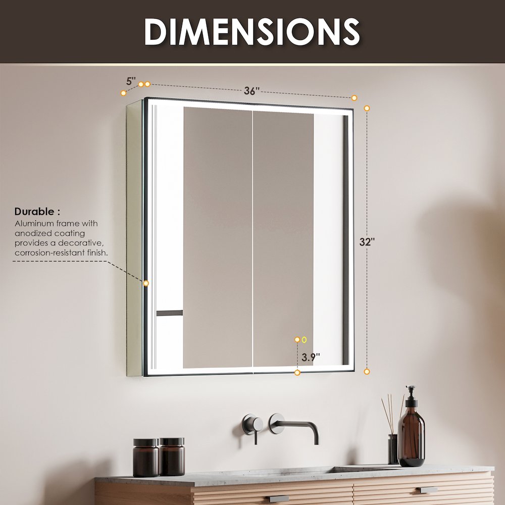 36"x32" Rectangular Bathroom Black Aluminum Mirror Medicine Cabinet. Picture 18