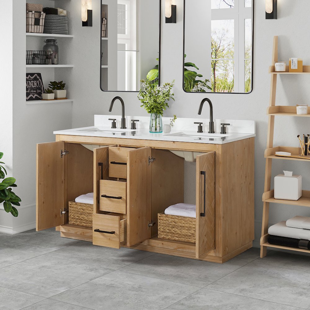 60" Double Bathroom Vanity Grain White Engineered Stone Countertop. Picture 4