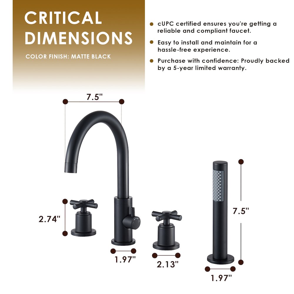 Cross Handles Deck-Mount Roman Tub Faucet in Matte Black with Handshower. Picture 13