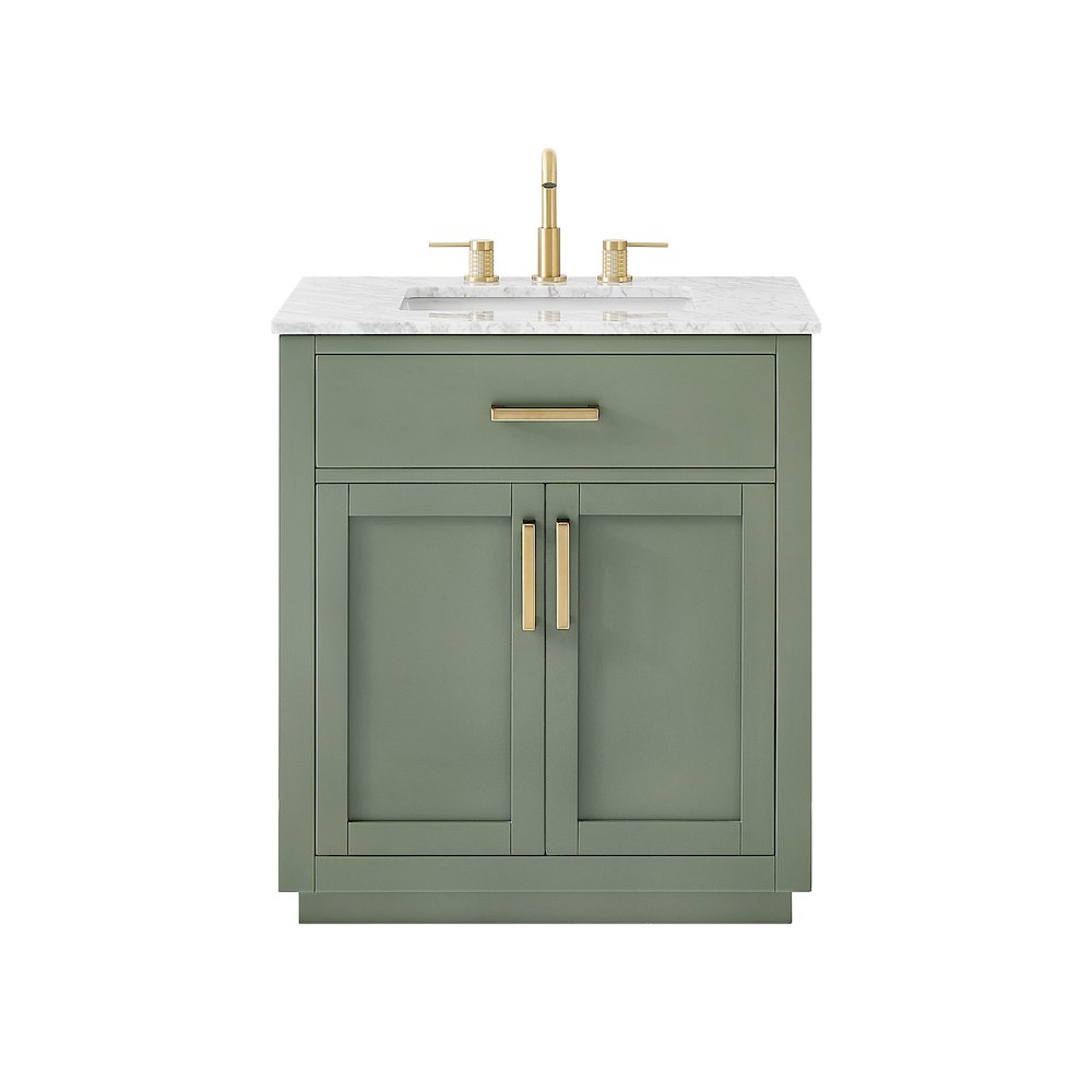30" Single Bathroom Vanity Set in Vintage Green, Carrara White Marble Countertop. Picture 1