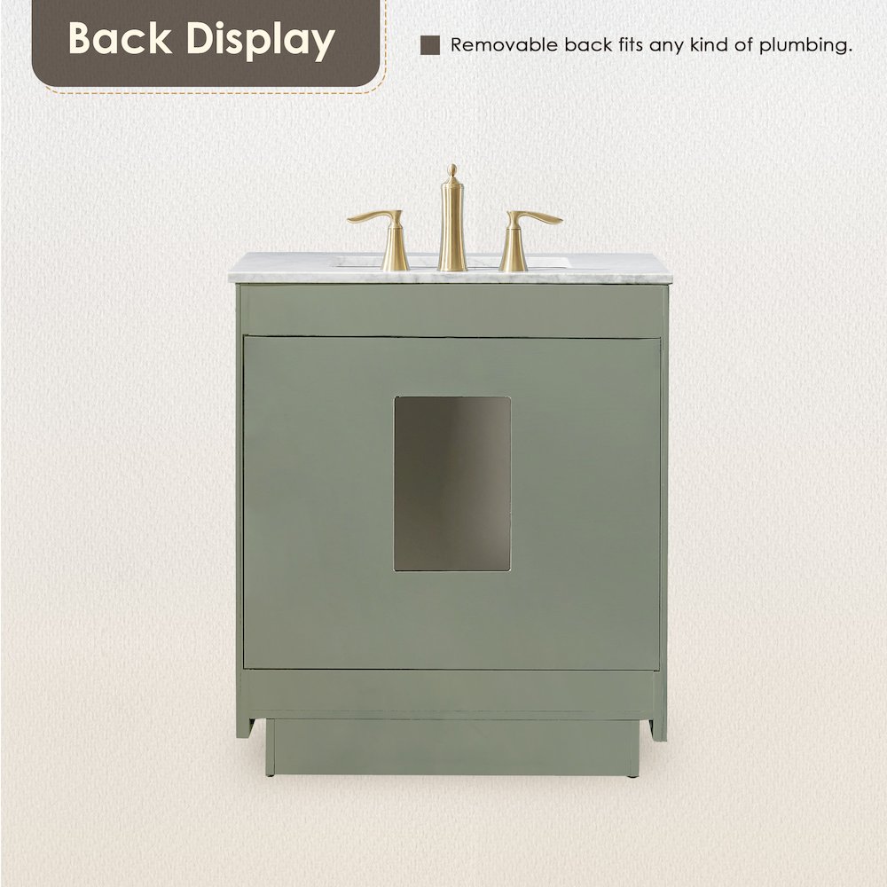 30" Single Bathroom Vanity Set in Vintage Green, Carrara White Marble Countertop. Picture 3