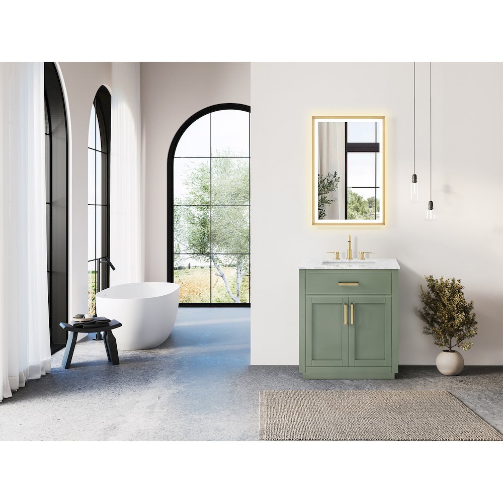 30" Single Bathroom Vanity Set in Vintage Green, Carrara White Marble Countertop. Picture 4
