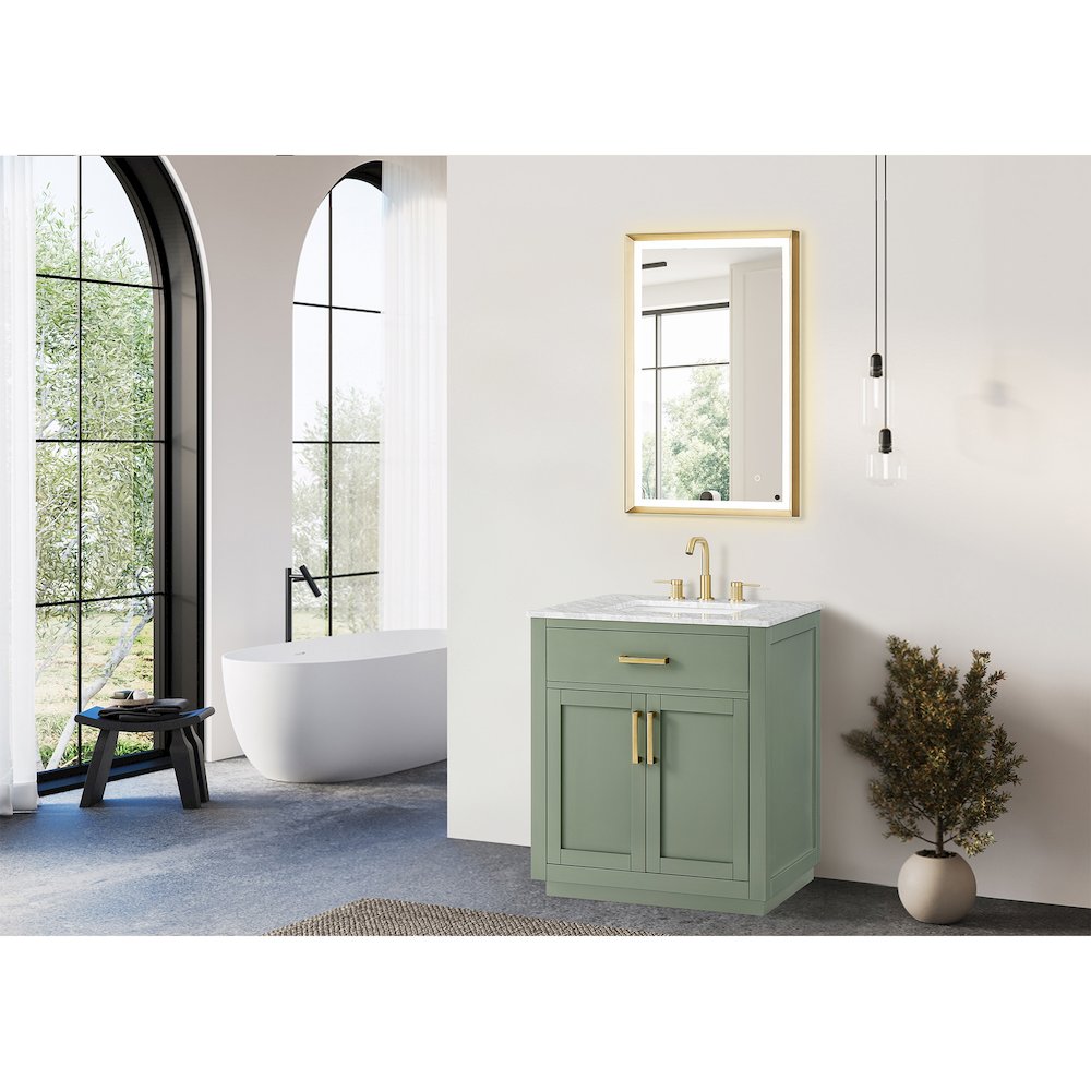 30" Single Bathroom Vanity Set in Vintage Green, Carrara White Marble Countertop. Picture 2