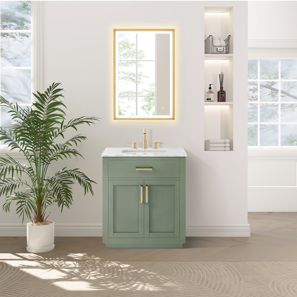 30" Single Bathroom Vanity Set in Vintage Green, Carrara White Marble Countertop. Picture 5