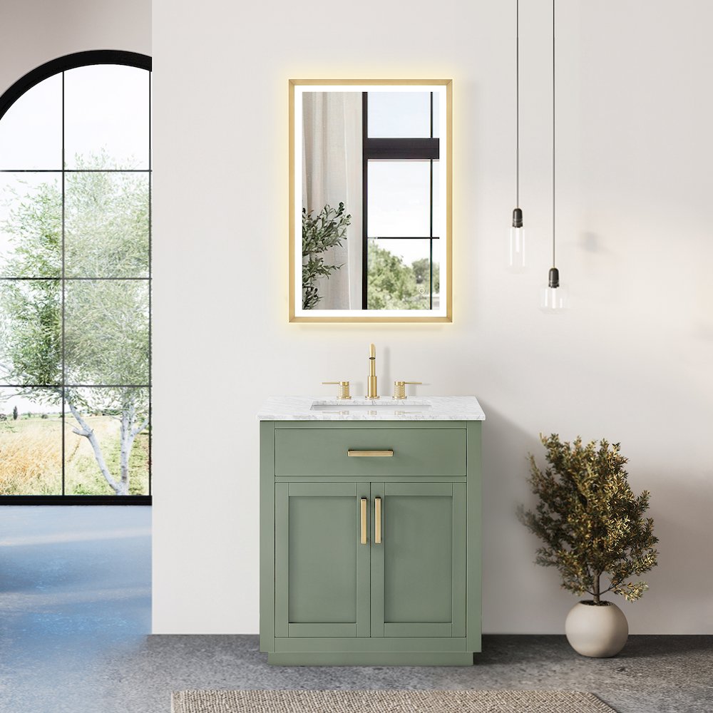 30" Single Bathroom Vanity Set in Vintage Green, Carrara White Marble Countertop. Picture 6