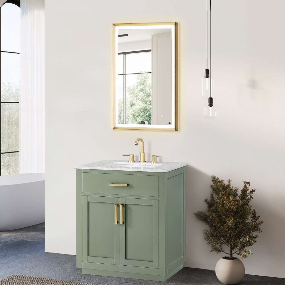 30" Single Bathroom Vanity Set in Vintage Green, Carrara White Marble Countertop. Picture 7