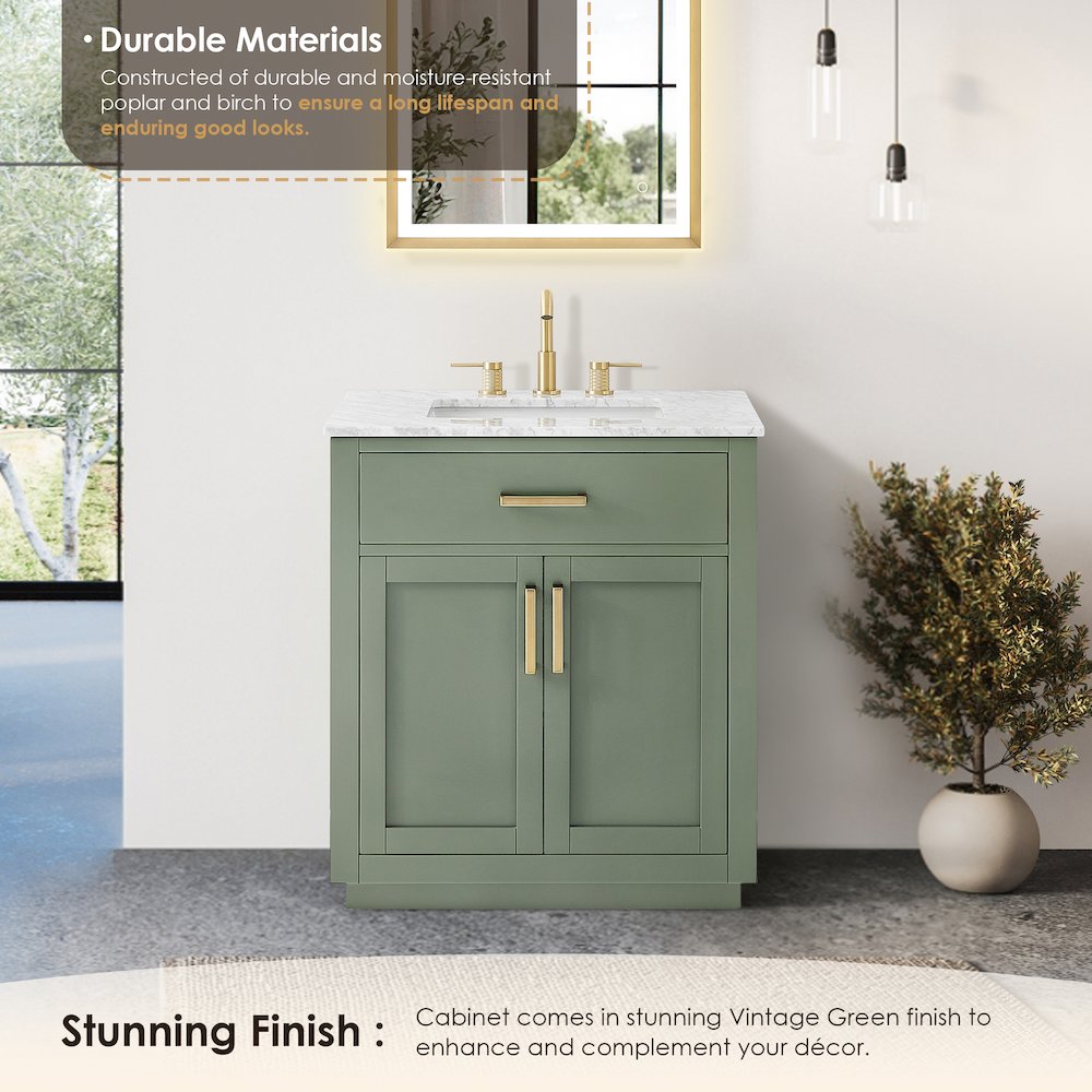 30" Single Bathroom Vanity Set in Vintage Green, Carrara White Marble Countertop. Picture 8