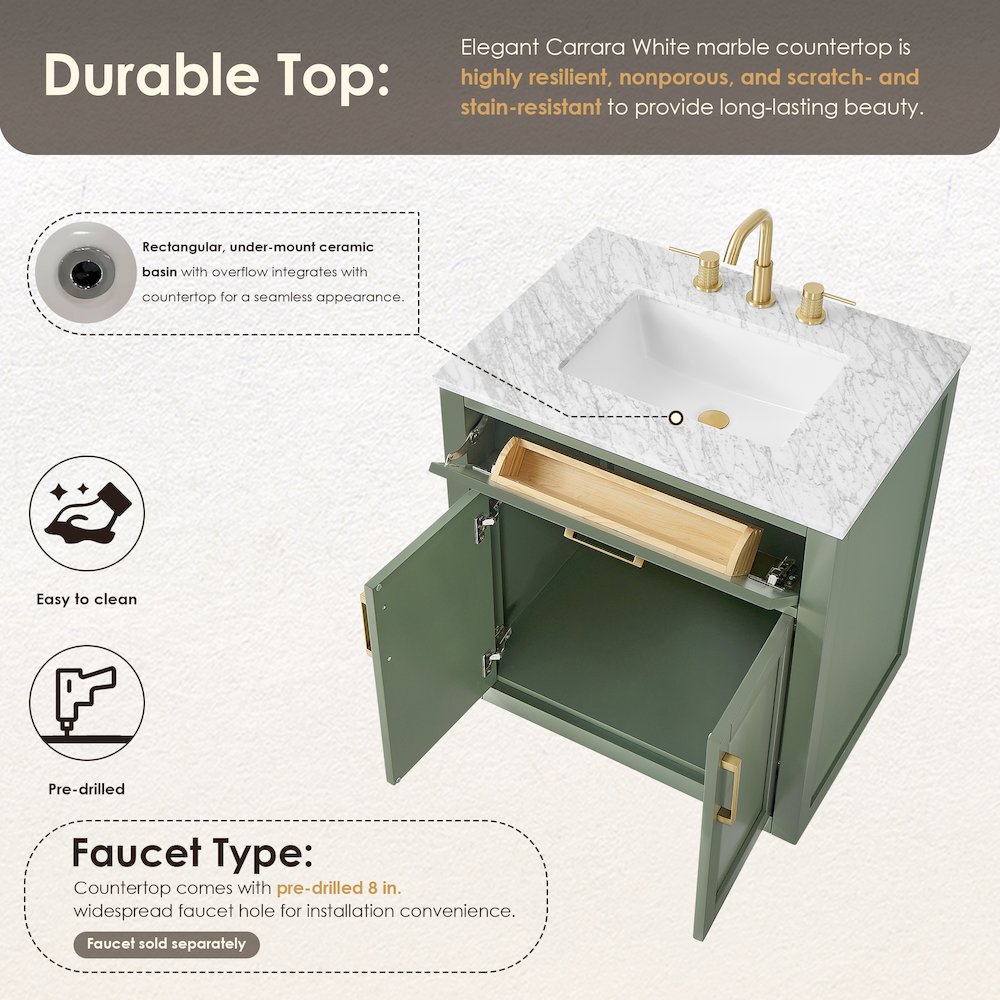 30" Single Bathroom Vanity Set in Vintage Green, Carrara White Marble Countertop. Picture 9