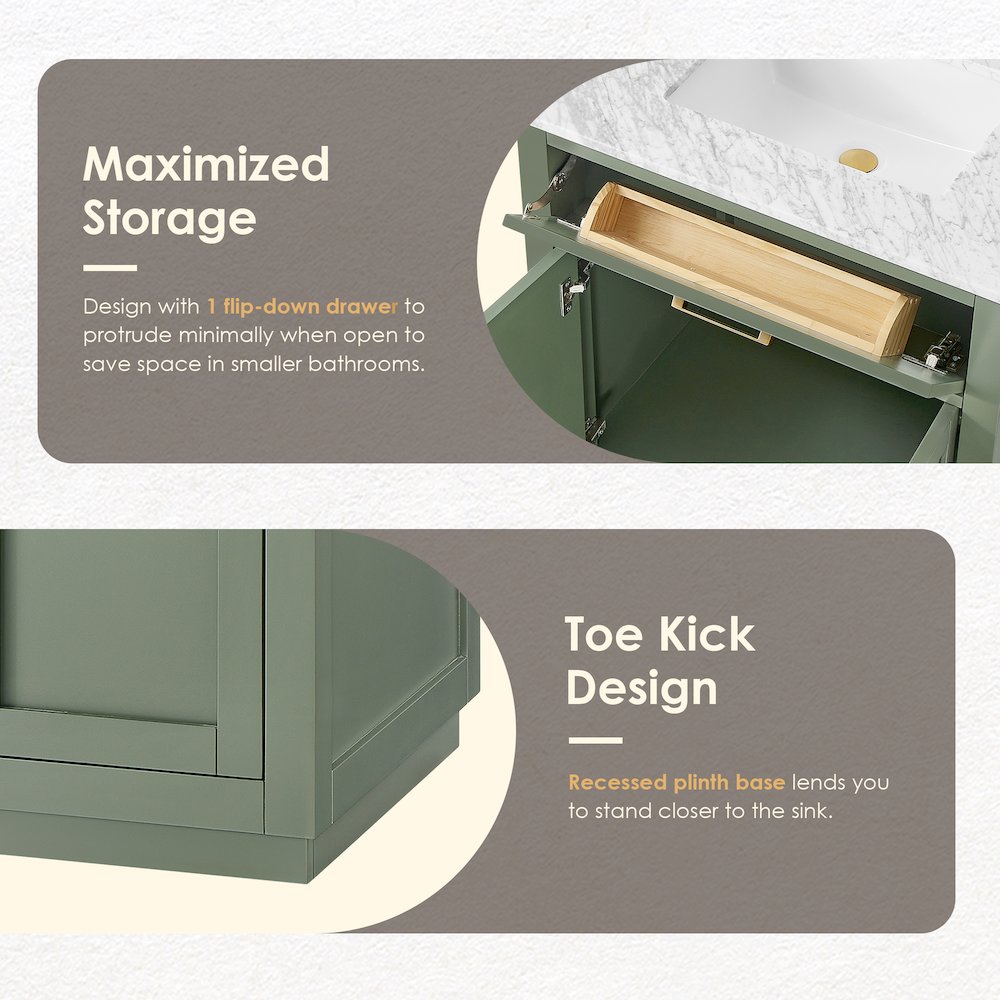 30" Single Bathroom Vanity Set in Vintage Green, Carrara White Marble Countertop. Picture 10
