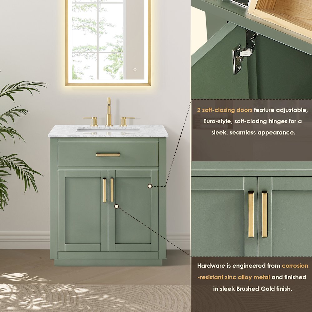 30" Single Bathroom Vanity Set in Vintage Green, Carrara White Marble Countertop. Picture 12