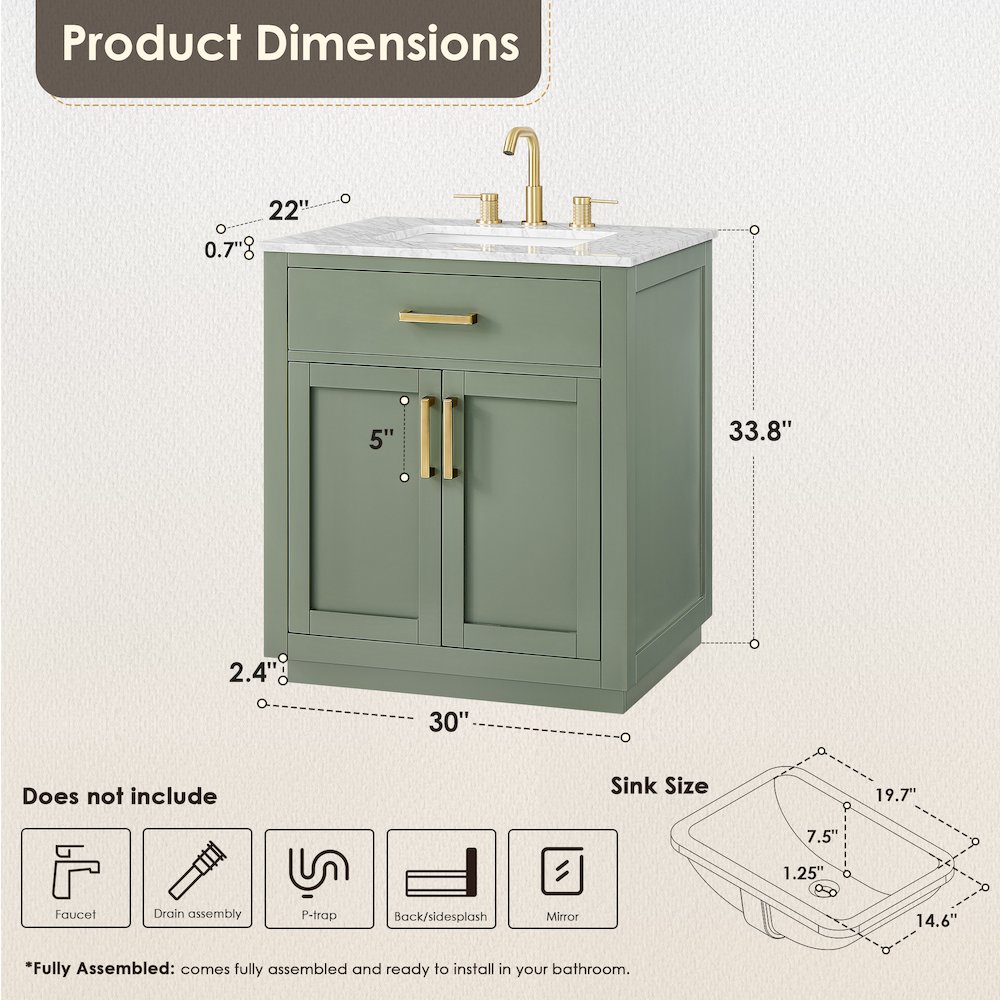 30" Single Bathroom Vanity Set in Vintage Green, Carrara White Marble Countertop. Picture 11