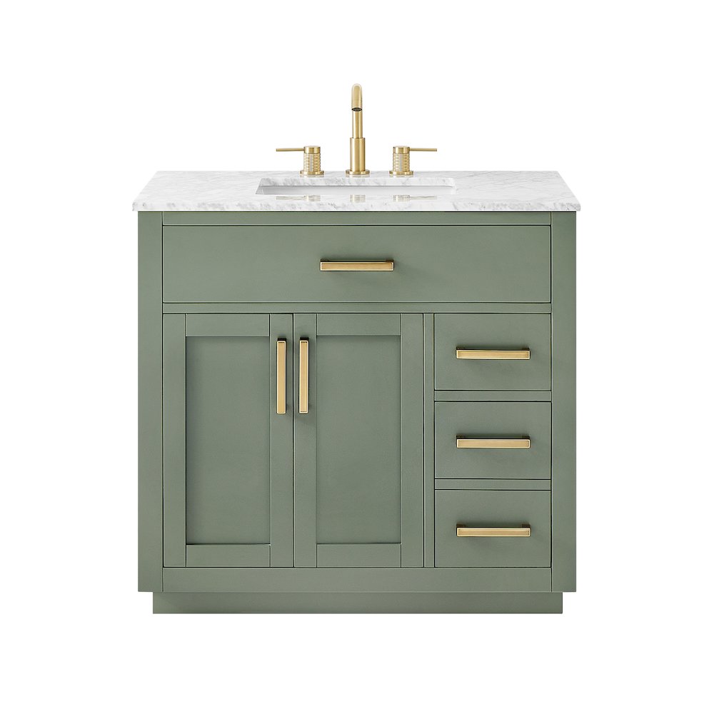 36" Single Bathroom Vanity Set in Vintage Green, Carrara White Marble Countertop. Picture 1