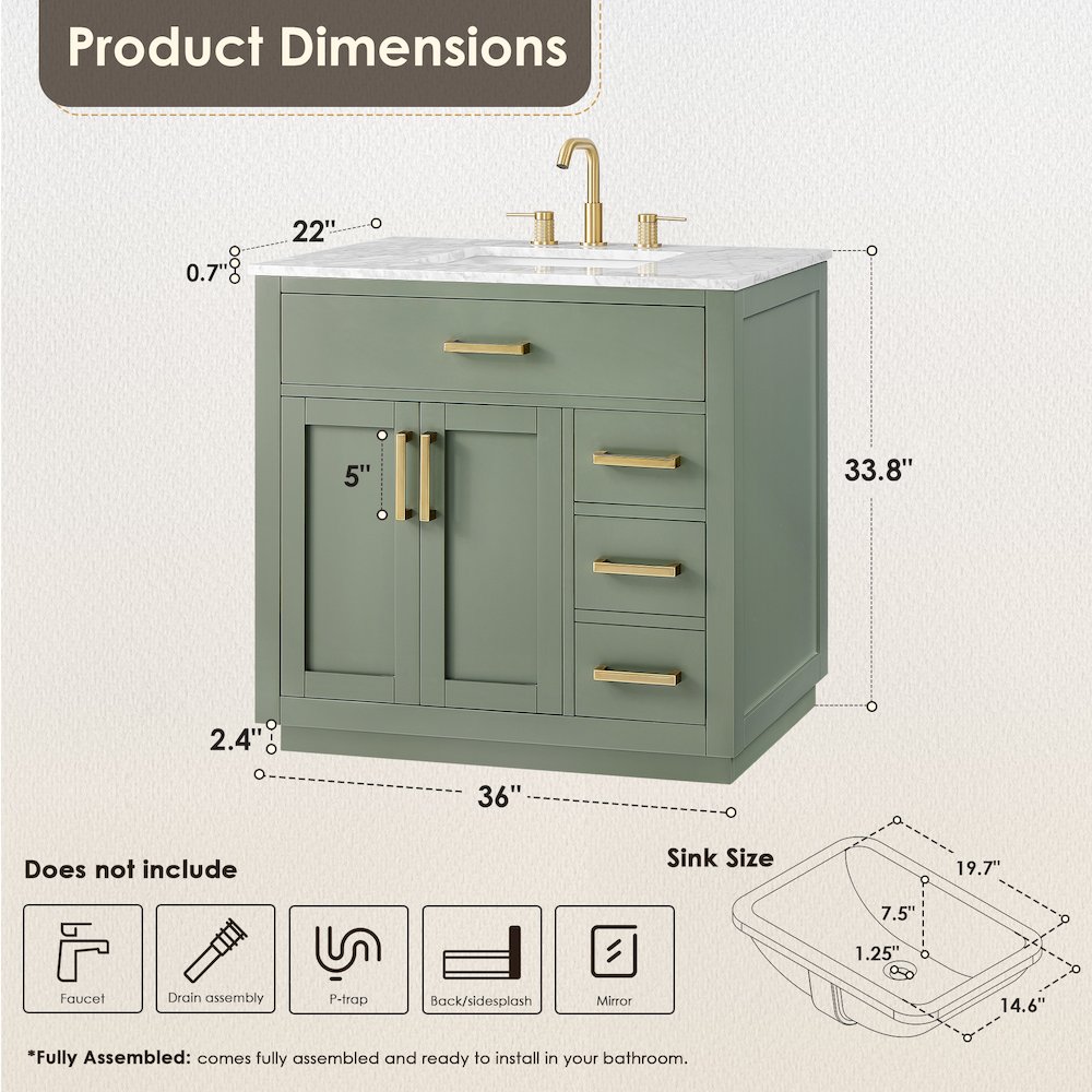 36" Single Bathroom Vanity Set in Vintage Green, Carrara White Marble Countertop. Picture 4