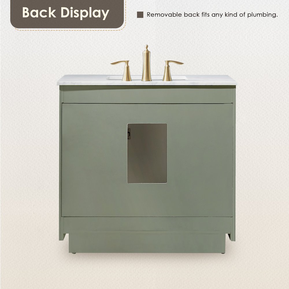36" Single Bathroom Vanity Set in Vintage Green, Carrara White Marble Countertop. Picture 3