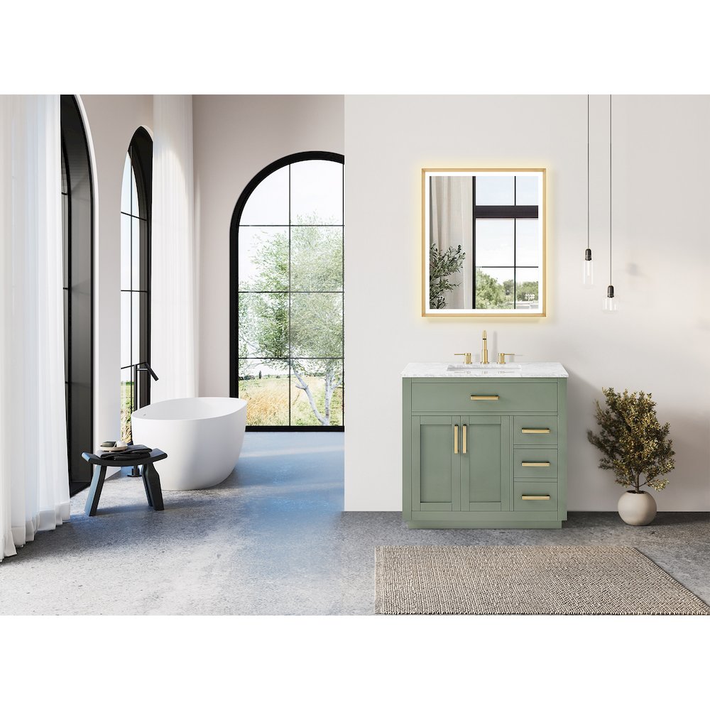 36" Single Bathroom Vanity Set in Vintage Green, Carrara White Marble Countertop. Picture 5