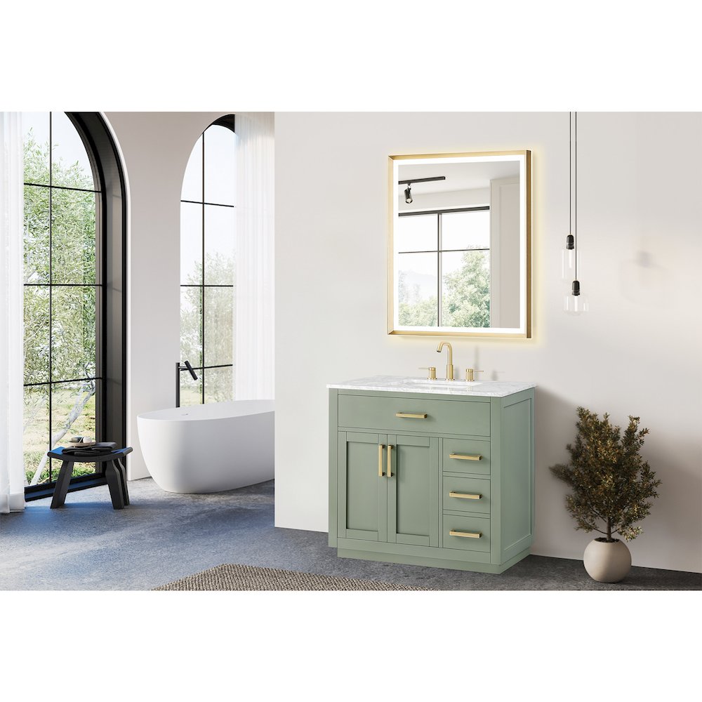 36" Single Bathroom Vanity Set in Vintage Green, Carrara White Marble Countertop. Picture 6