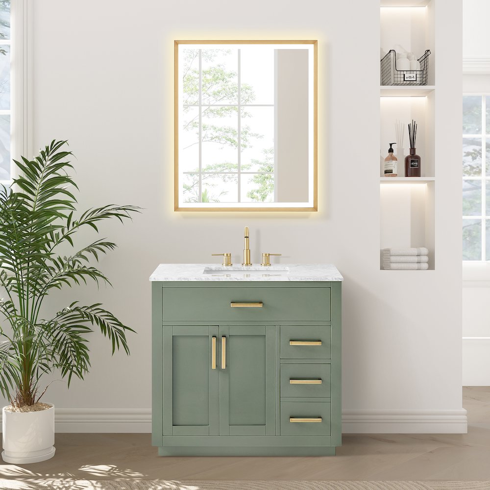 36" Single Bathroom Vanity Set in Vintage Green, Carrara White Marble Countertop. Picture 2