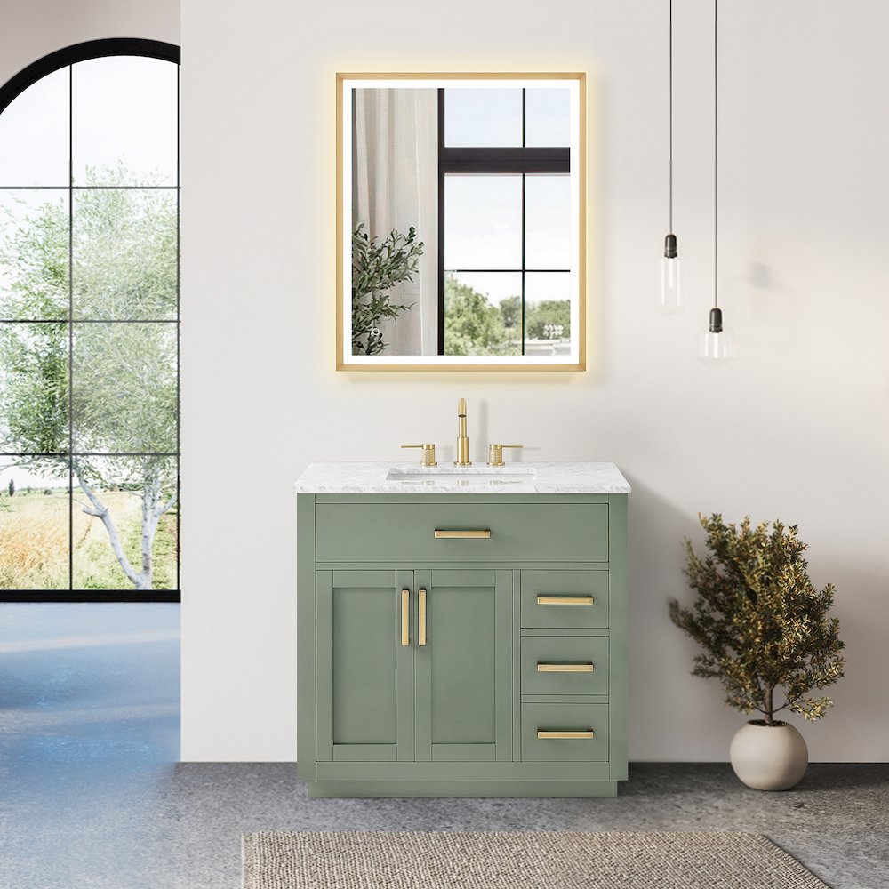 36" Single Bathroom Vanity Set in Vintage Green, Carrara White Marble Countertop. Picture 7
