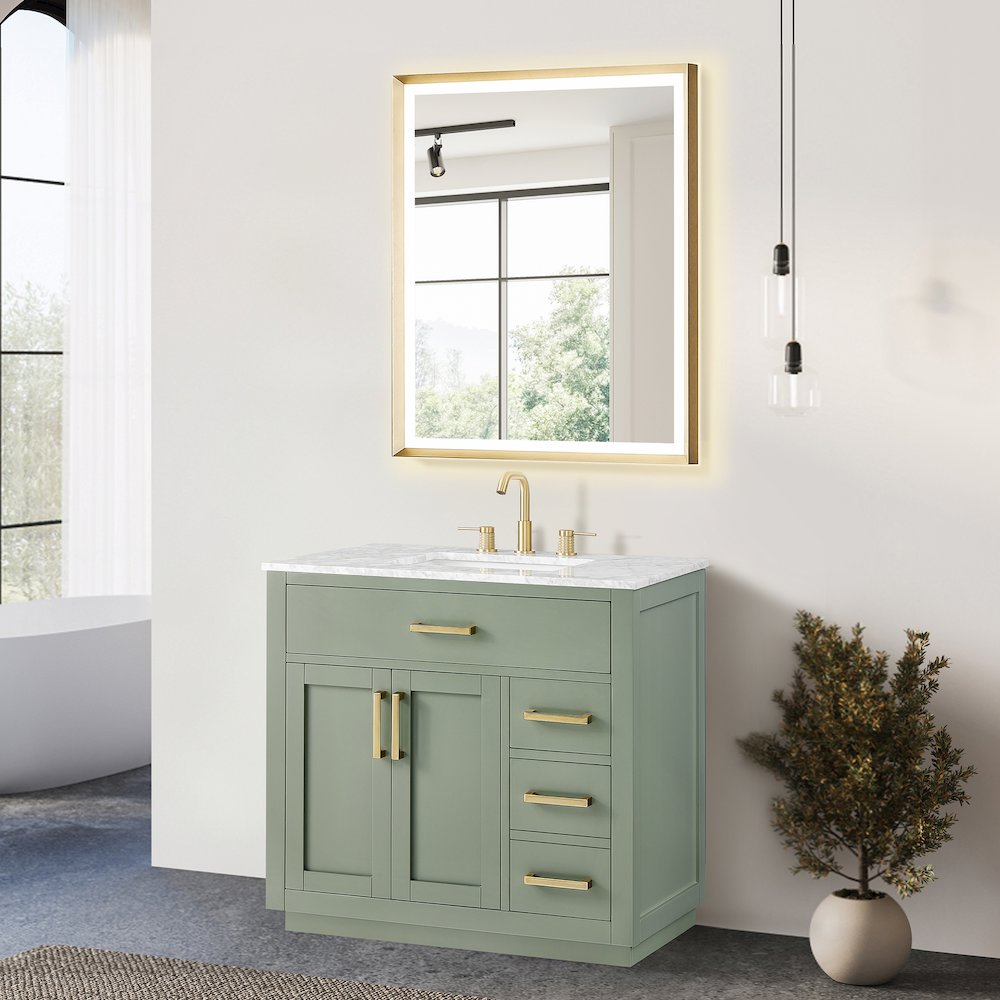 36" Single Bathroom Vanity Set in Vintage Green, Carrara White Marble Countertop. Picture 8