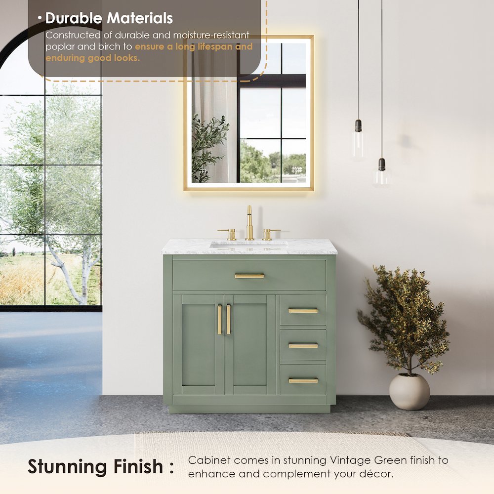 36" Single Bathroom Vanity Set in Vintage Green, Carrara White Marble Countertop. Picture 9