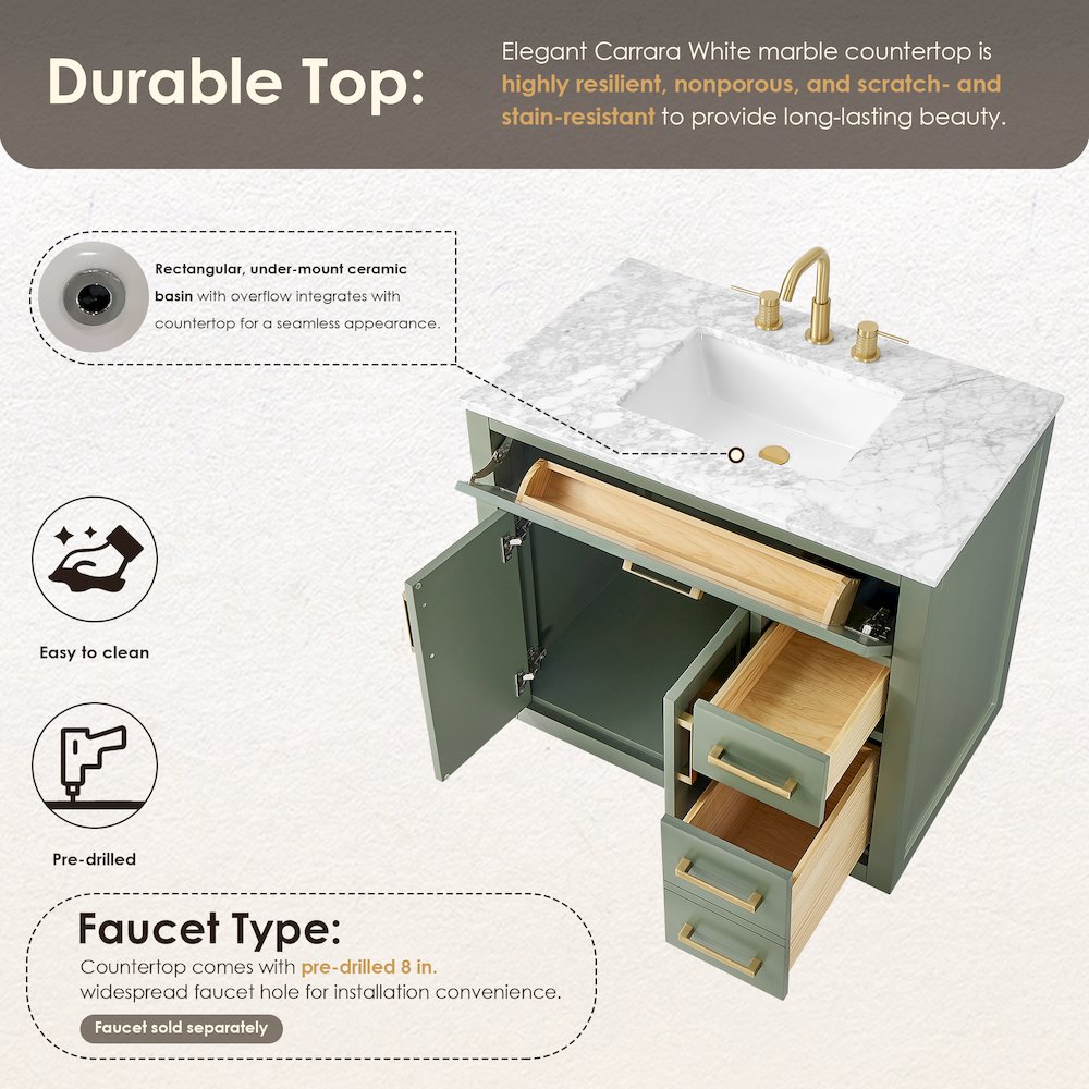 36" Single Bathroom Vanity Set in Vintage Green, Carrara White Marble Countertop. Picture 10