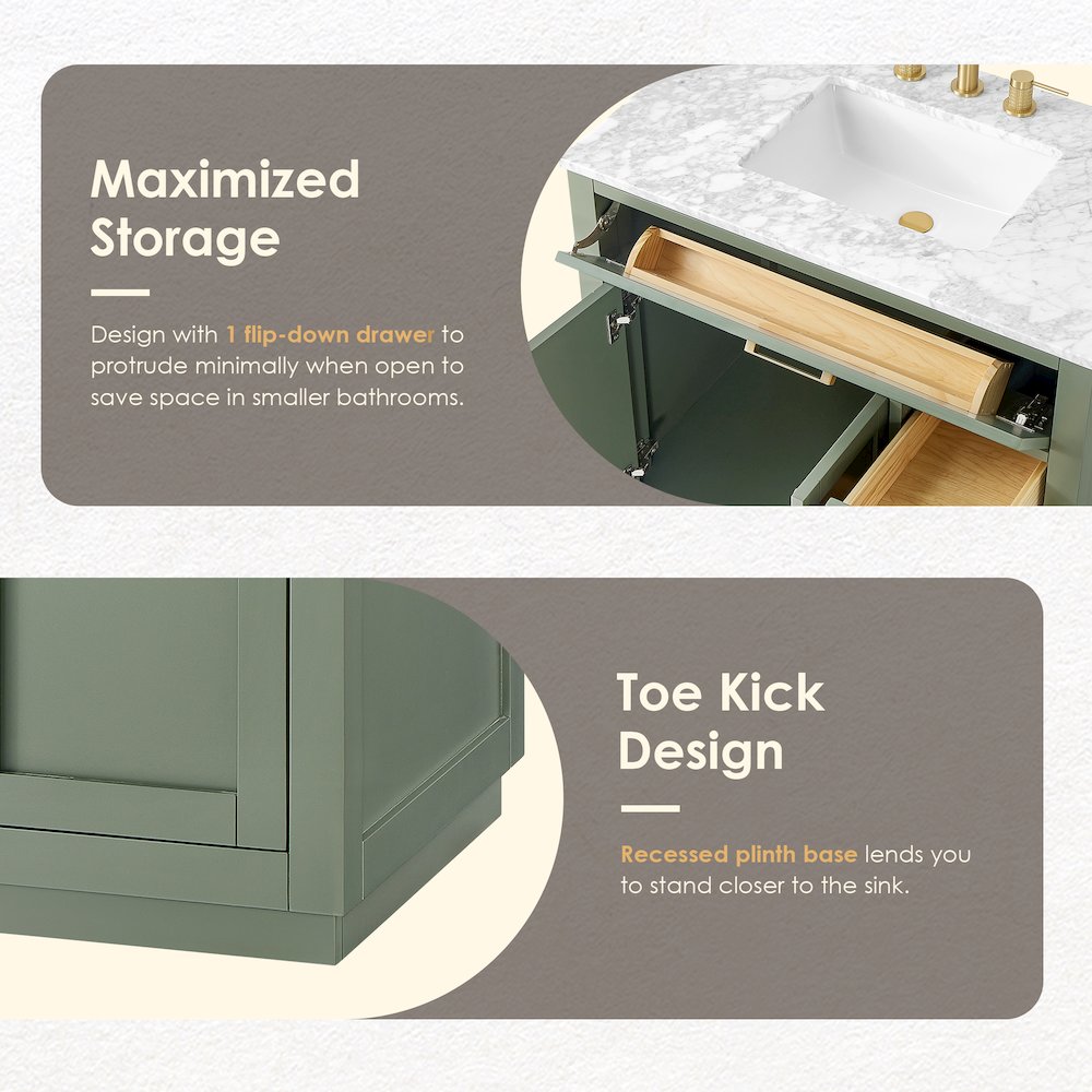 36" Single Bathroom Vanity Set in Vintage Green, Carrara White Marble Countertop. Picture 11