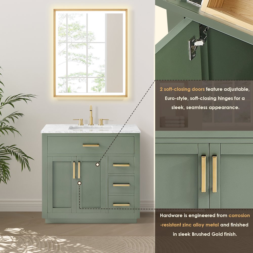 36" Single Bathroom Vanity Set in Vintage Green, Carrara White Marble Countertop. Picture 12