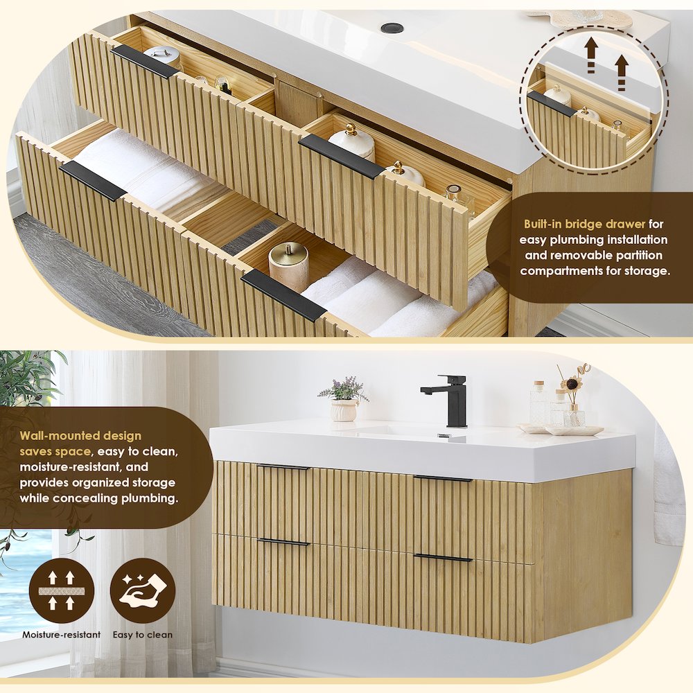 Single Bathroom Vanity in Nature Brown White Artificial Drop-in Sink. Picture 9