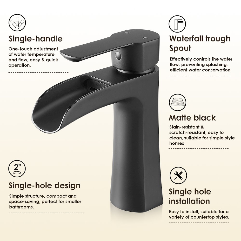 Single Hole Single-Handle Waterfall Bathroom Faucet in Matte Black. Picture 8