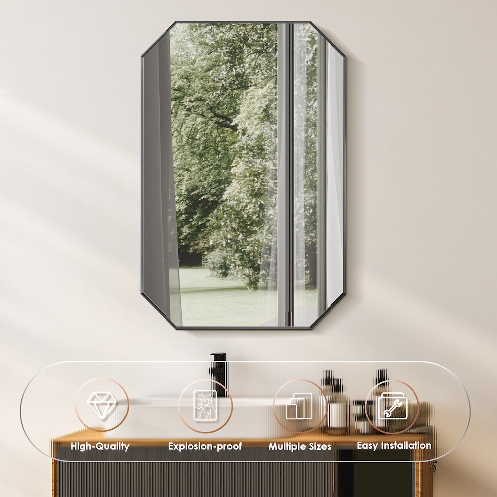 24"x36" Octagon Aluminum Framed in Matte Black Modern Bathroom Wall Mirror. Picture 7