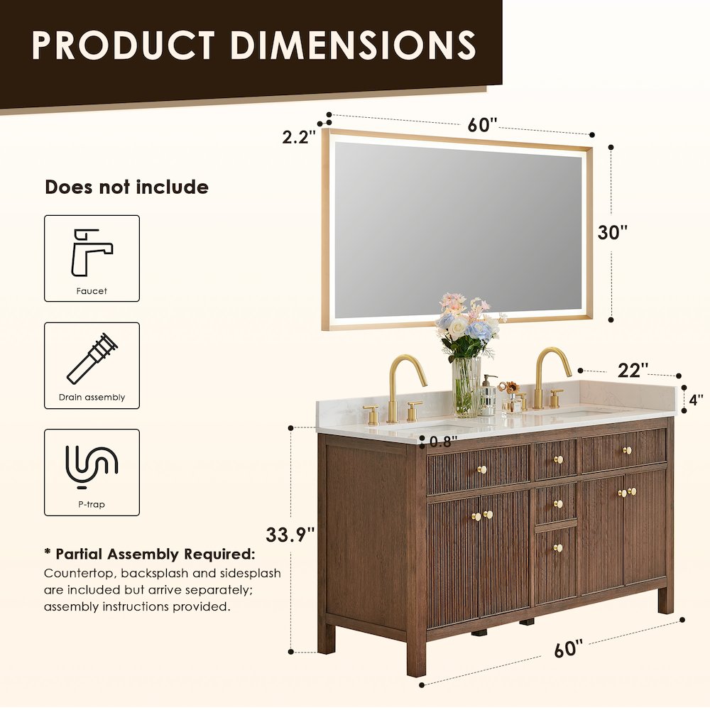 Double Bathroom Vanity in Brown Oak Grain White Engineered Stone Countertop. Picture 11