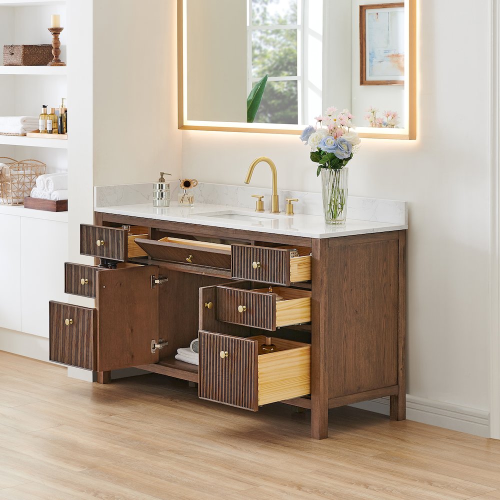 Single Bathroom Vanity in Brown Oak Grain White Engineered Stone Countertop. Picture 4
