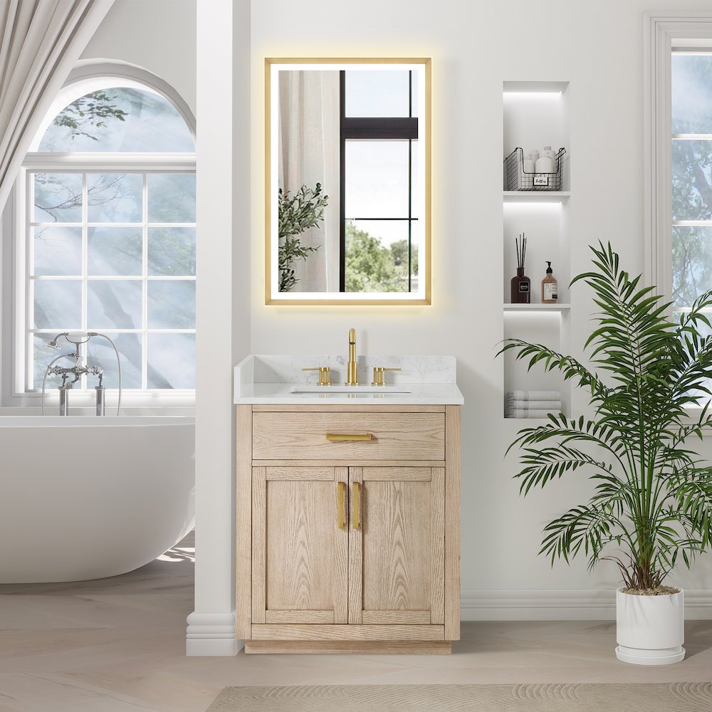 30"Single Bathroom Vanity in Natural Ash,Grain White Engineered Stone Countertop. Picture 5