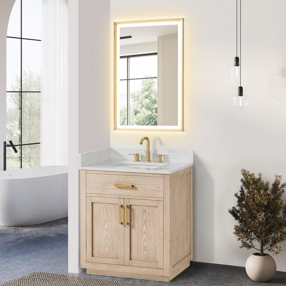 30"Single Bathroom Vanity in Natural Ash,Grain White Engineered Stone Countertop. Picture 7